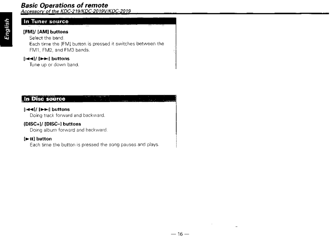 Kenwood KDG2019V, KDG217S, KDG29MR, KDG119S instruction manual Basic Operations of remote 