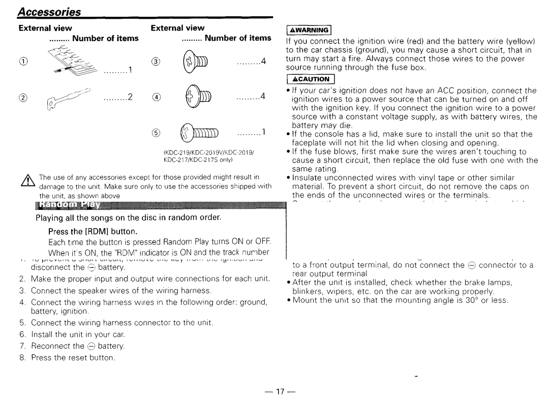 Kenwood KDG217S, KDG2019V, KDG29MR, KDG119S instruction manual Installation Procedure, Number of items 