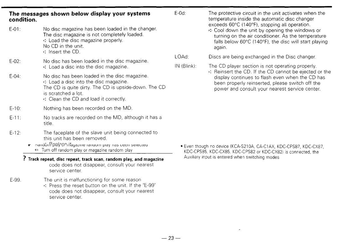 Kenwood KDG119S Messages shown below display your systems condition, Again LOAd, Exchanged Disc Changer Blink CD player 