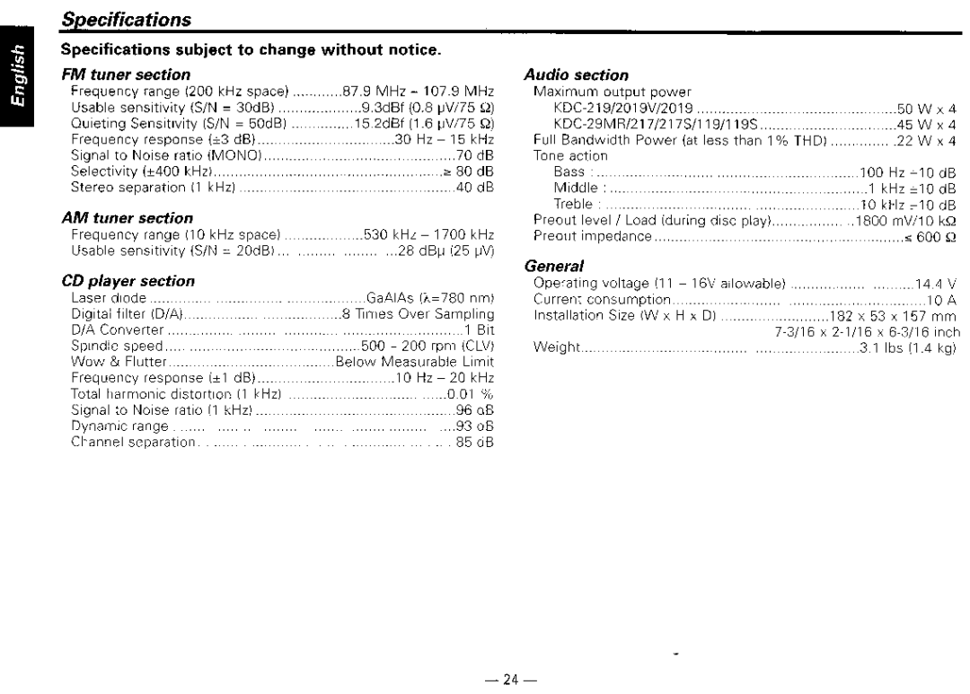 Kenwood KDG2019V, KDG217S, KDG29MR, KDG119S instruction manual Specifications, To change without FM tuner, Section 