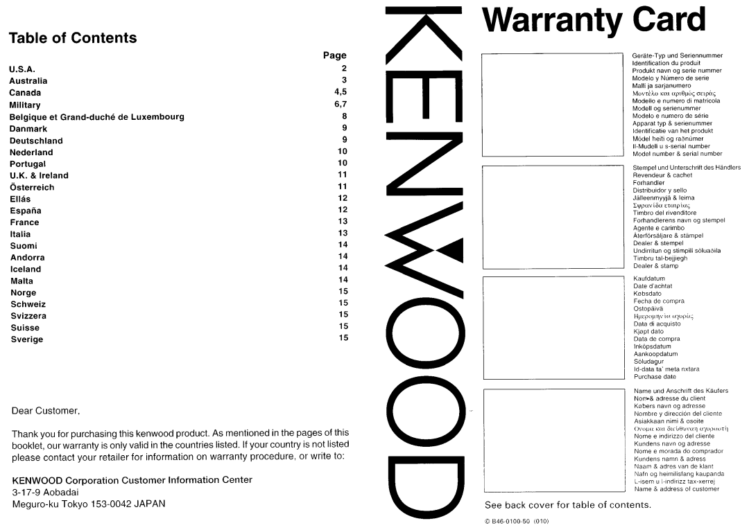 Kenwood KDG119S, KDG2019V, KDG217S, KDG29MR instruction manual Warranty Card 