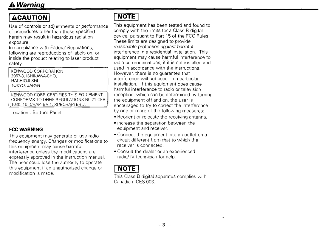 Kenwood KDG119S, KDG2019V, KDG217S, KDG29MR instruction manual Location Bottom Panel, FCC Warning 