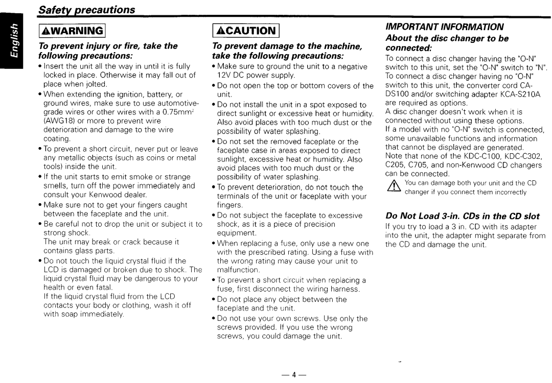 Kenwood KDG2019V To prevent injury or fire, take the following precautions, About the disc changer to be connected 