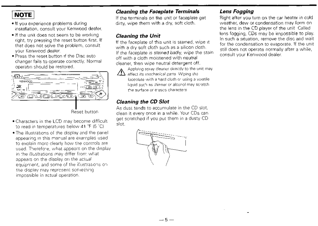 Kenwood KDG217S Cleaning the Faceplate Terminals, Cleaning the Unit, Lens Fogging, Cleaning the CD Slot, Reset button 