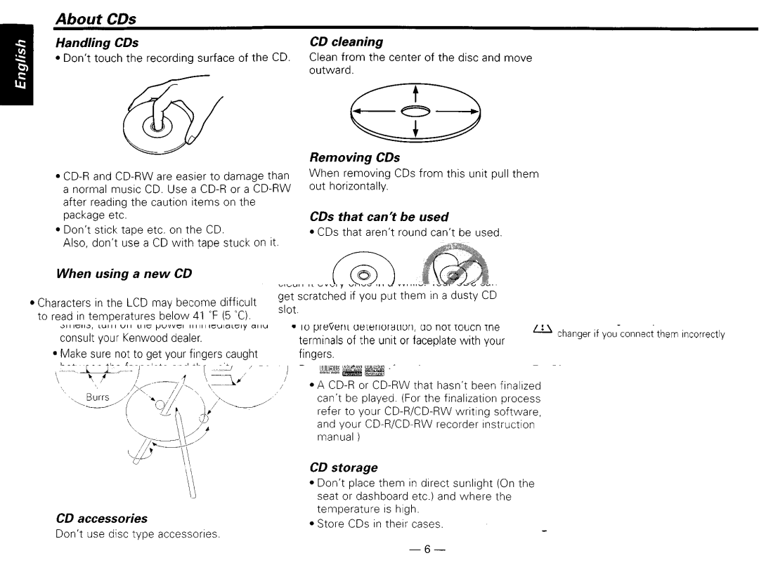 Kenwood KDG29MR Handling CDs, CD cleaning, Removing CDs, CDs that can’t be used, When using a new CD, CD accessories 