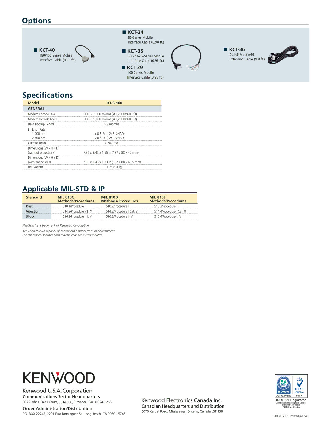 Kenwood KDS-100 manual Options, Specifications 