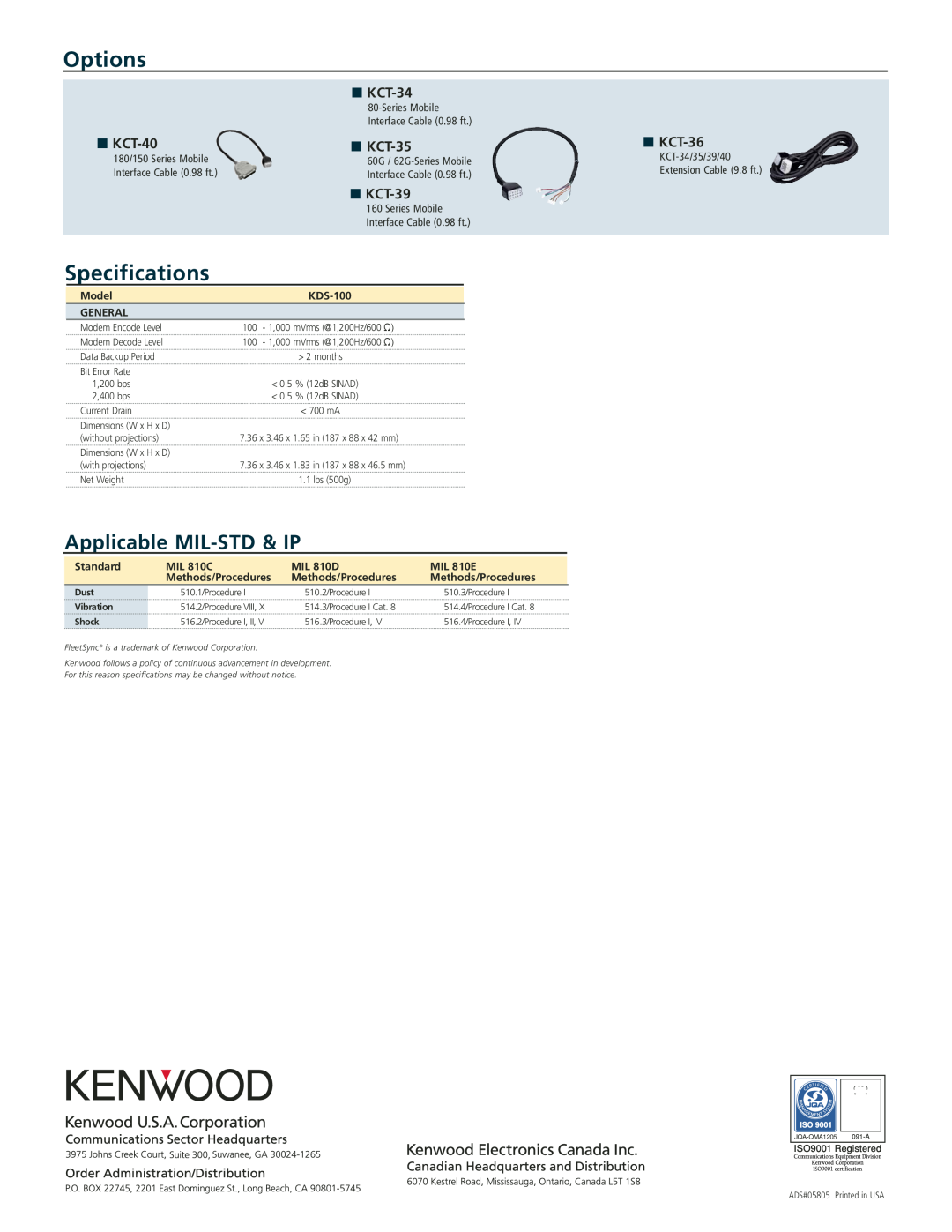 Kenwood KDS-100 manual Options, Specifications, Applicable MIL-STD & IP, KCT-34, KCT-40, KCT-35, KCT-36, KCT-39 