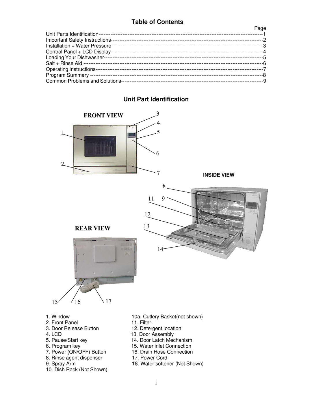 Kenwood KDW4TTSL owner manual Table of Contents, Unit Part Identification 