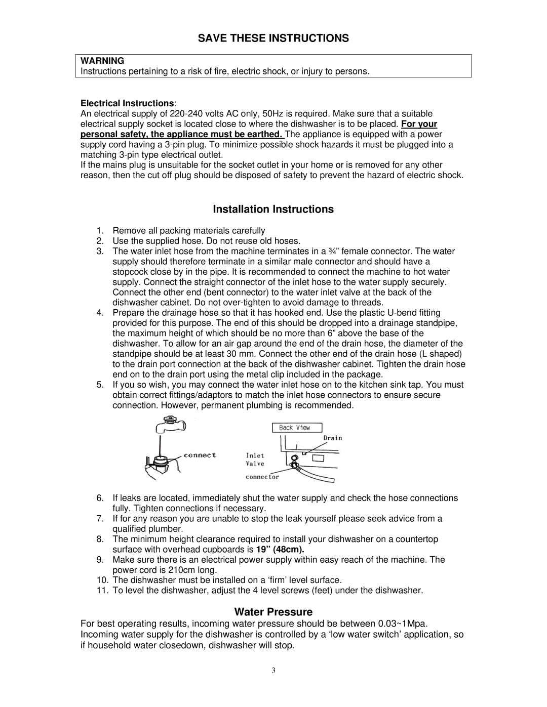 Kenwood KDW4TTSL owner manual Installation Instructions, Water Pressure, Electrical Instructions 