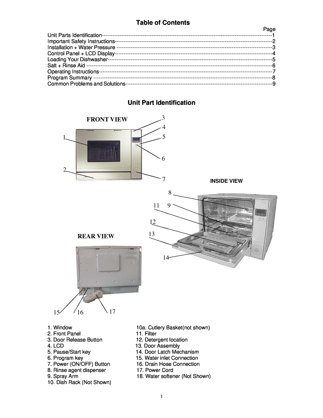 Kenwood KDW4TTSL owner manual Table of Contents, Unit Part Identification, Front View, Rear View 