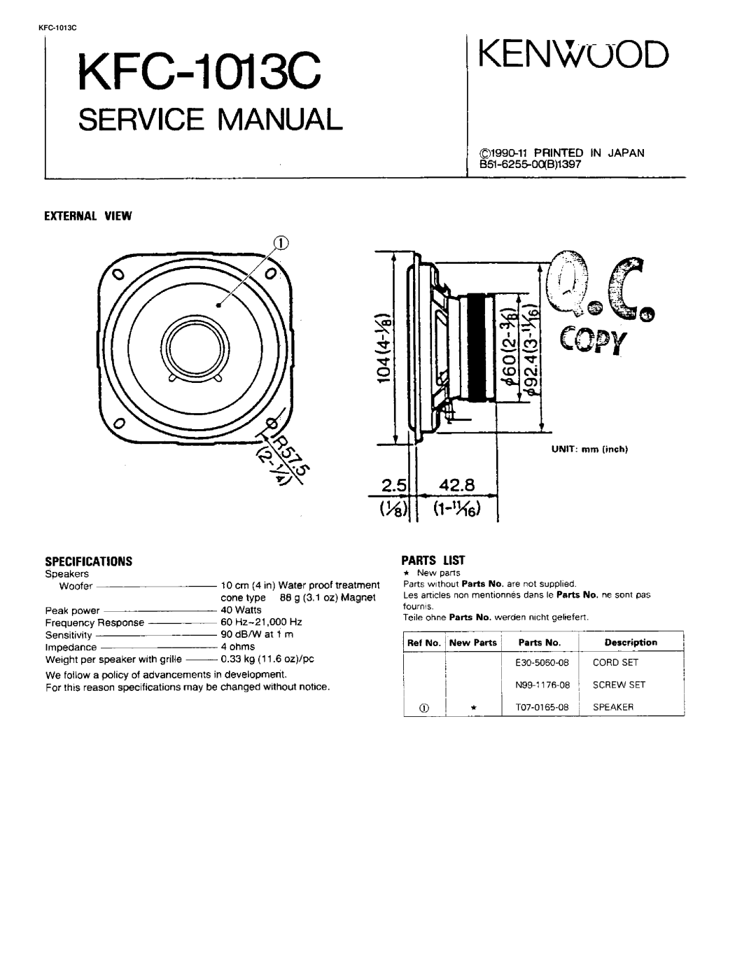 Kenwood KFC-1013C manual 