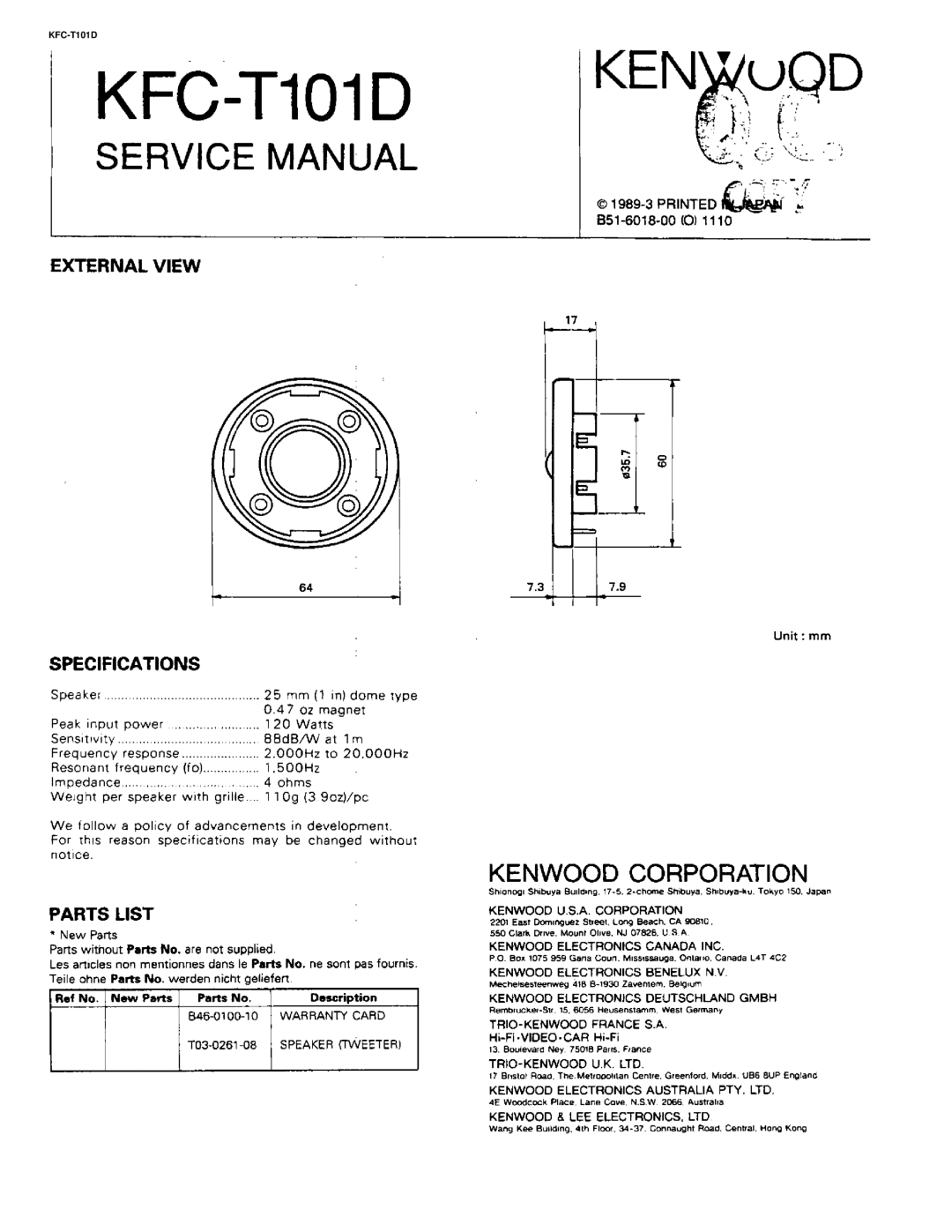 Kenwood KFC-T101D manual 