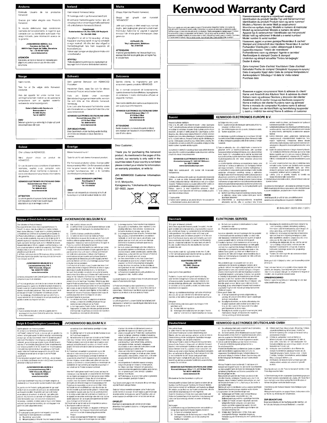 Kenwood KFC6965S manual Kenwood Electronics Europe B.V, Jvckenwood Belgium N, Elektronik-Service 