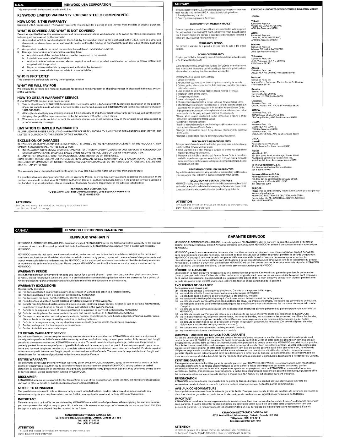 Kenwood KFC6965S Kenwood USA Corporation, Kenwood Limited Warranty for CAR Stereo Components, HOW Long is the Warranty 