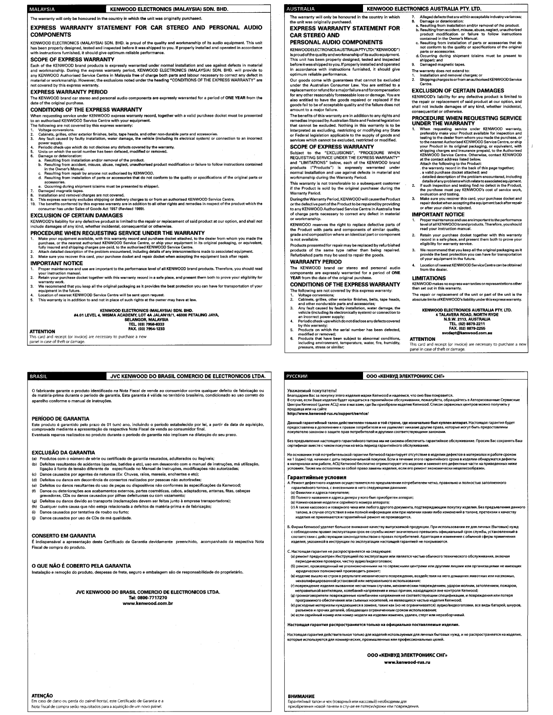 Kenwood KFC6984PS Scope of Express Warranty, Express Warranty Period, Conditions of the Express Warranty, Important Notice 