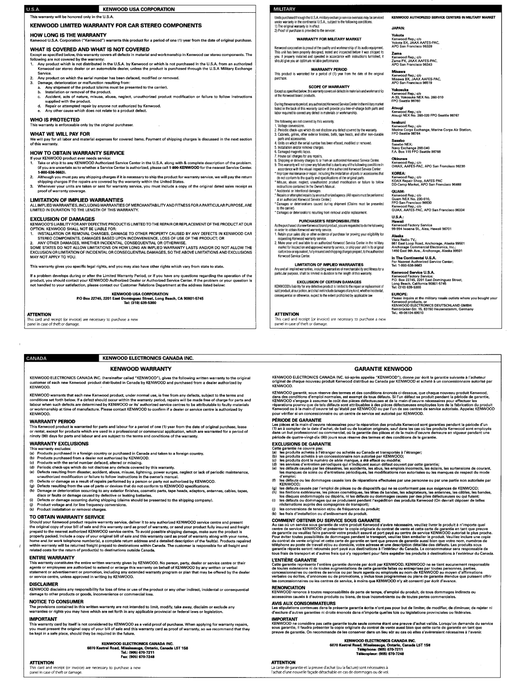 Kenwood KFC6984PS Kenwood USA Corporation, What is Covered and What is not Covered, WHO is Protected, What WE will PAY for 