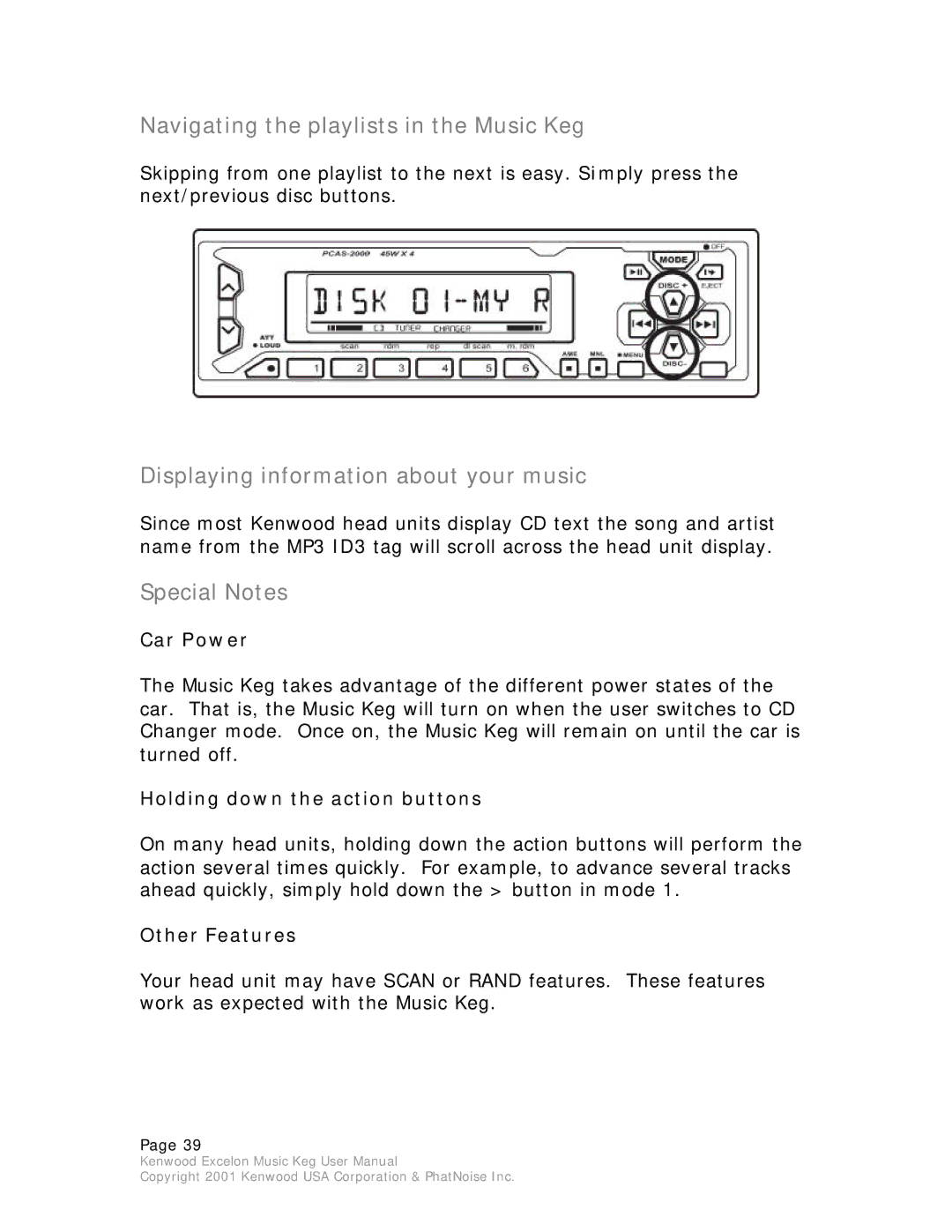 Kenwood KHD-CX910 manual Navigating the playlists in the Music Keg, Displaying information about your music, Special Notes 