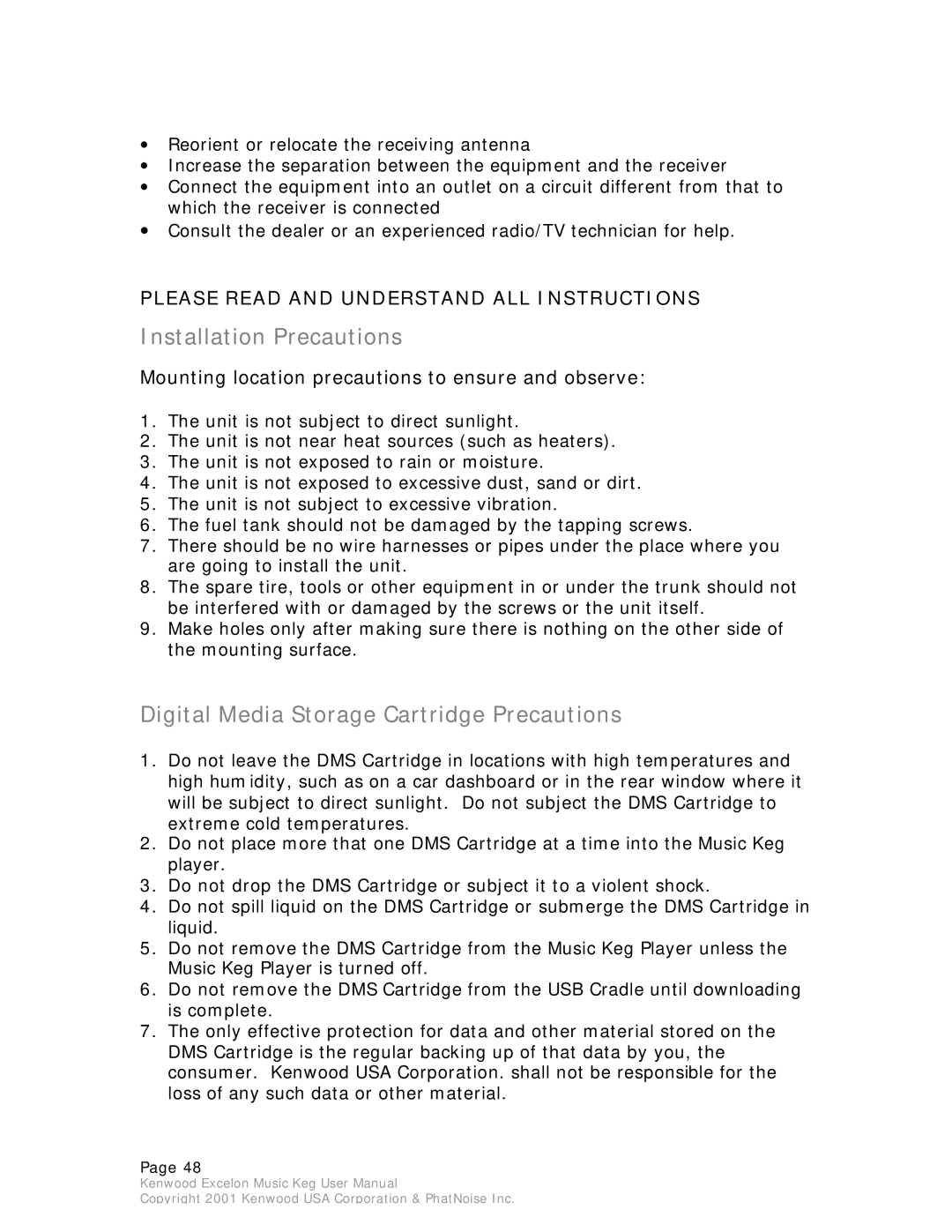 Kenwood KHD-CX910 manual Installation Precautions, Digital Media Storage Cartridge Precautions 