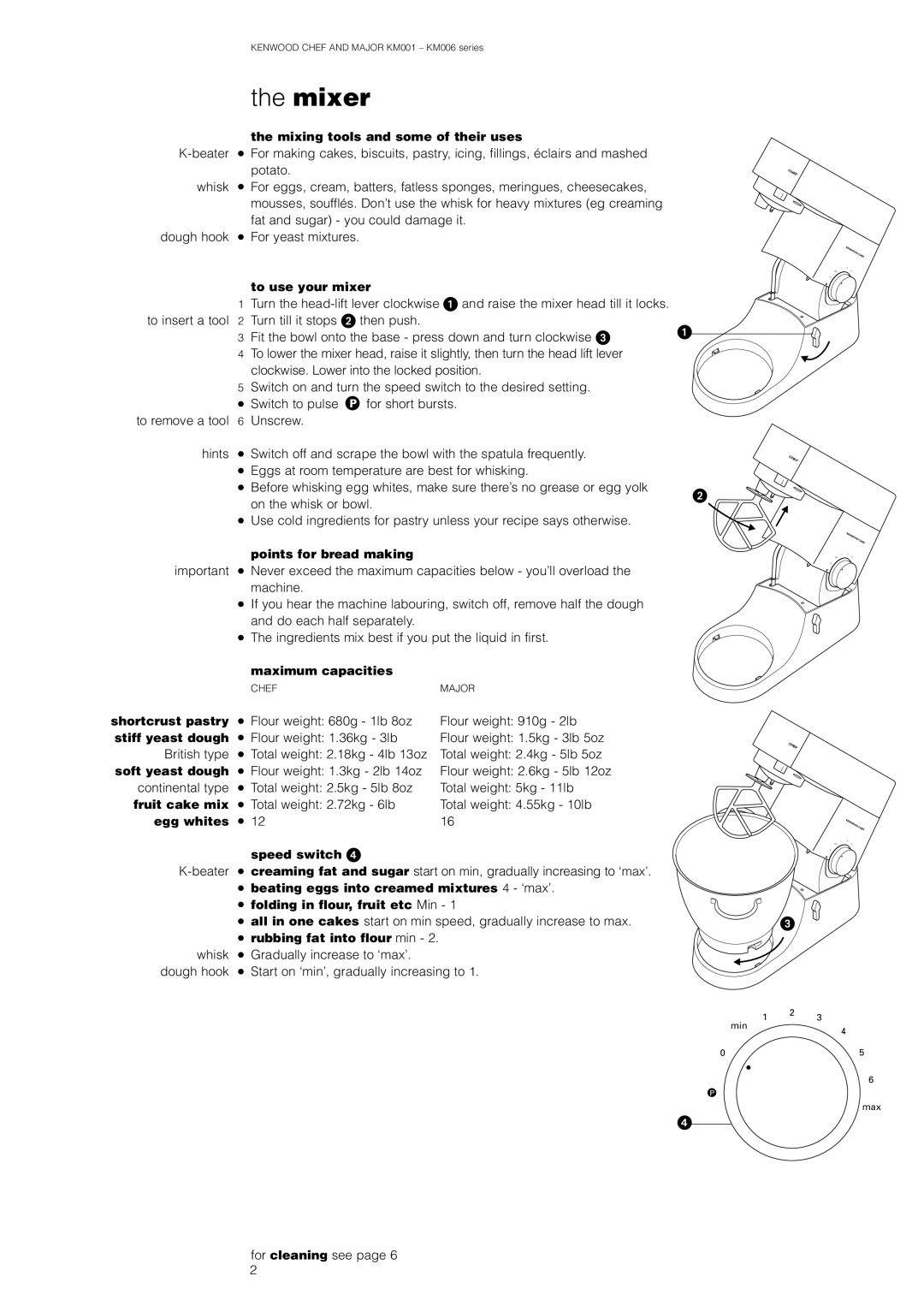 Kenwood KM006, KM001 Mixing tools and some of their uses, To use your mixer, Points for bread making, Maximum capacities 