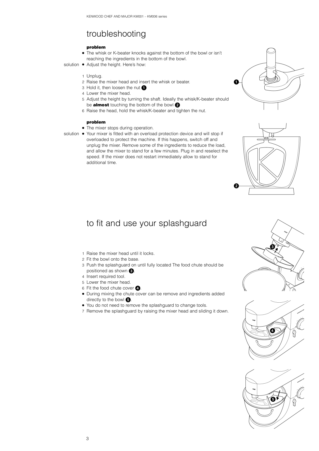 Kenwood KM001, KM006 manual Troubleshooting, To fit and use your splashguard, Problem 