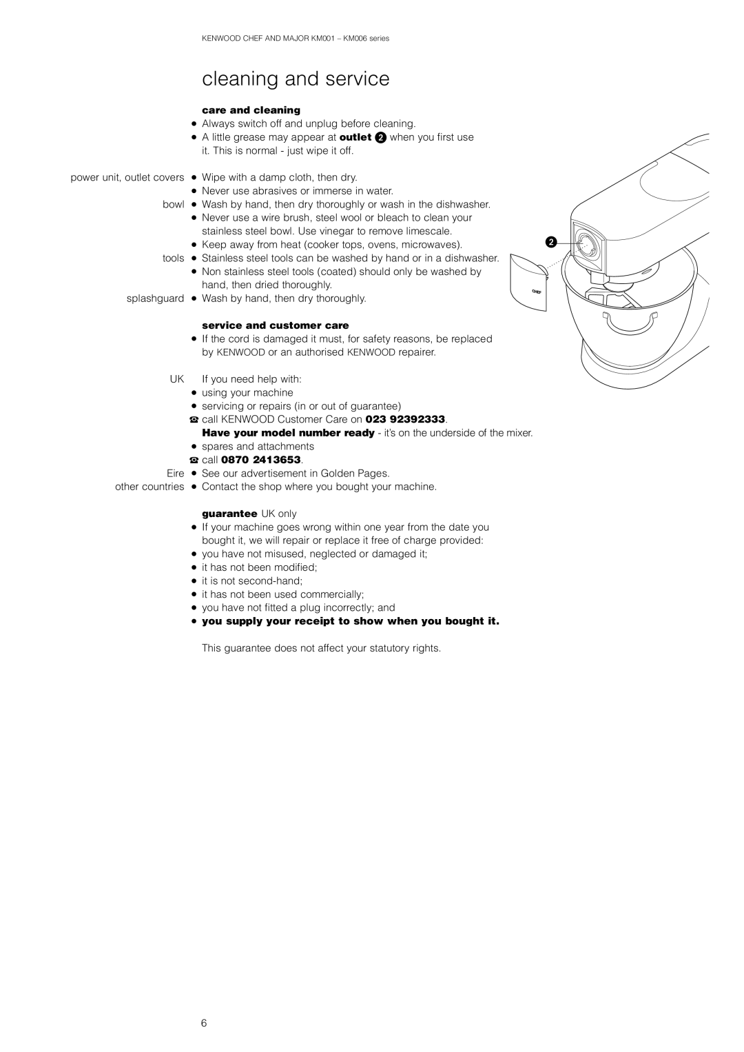 Kenwood KM006, KM001 manual Cleaning and service, Care and cleaning, Service and customer care, Guarantee UK only 