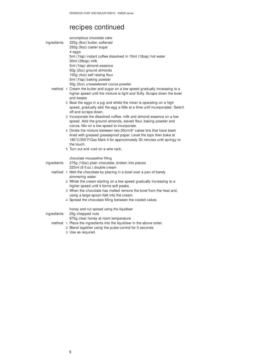 Kenwood KM010, KM020 Scrumptious chocolate cake, Chocolate mousseline filling, Honey and nut spread using the liquidiser 