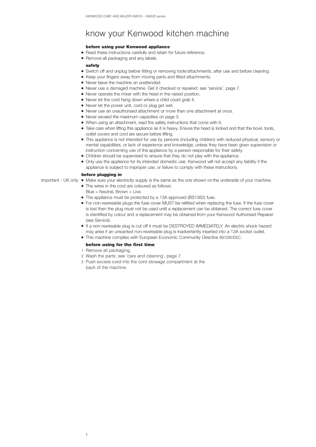 Kenwood KM010, KM020 manual Know your Kenwood kitchen machine, Before using your Kenwood appliance, Before plugging 