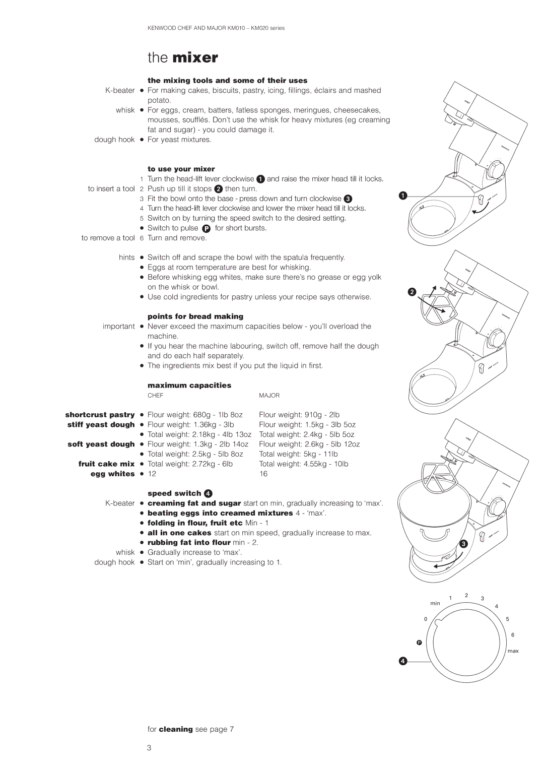 Kenwood KM010, KM020 Mixing tools and some of their uses, To use your mixer, Points for bread making, Maximum capacities 