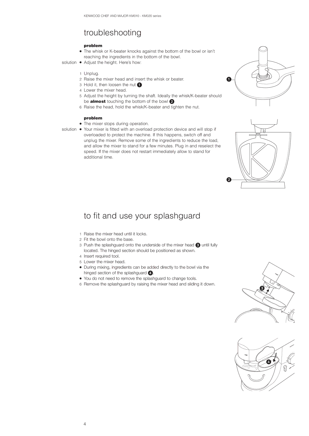 Kenwood KM020, KM010 manual Troubleshooting, To fit and use your splashguard, Problem 