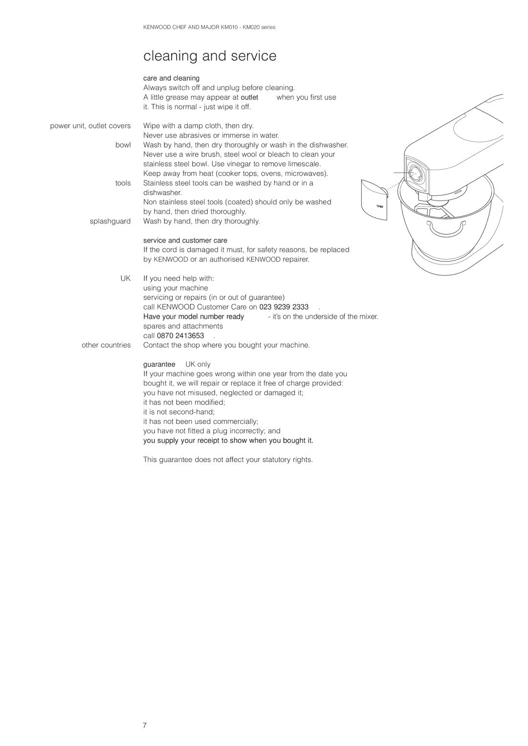 Kenwood KM010, KM020 manual Cleaning and service, Care and cleaning, Service and customer care, Guarantee UK only 