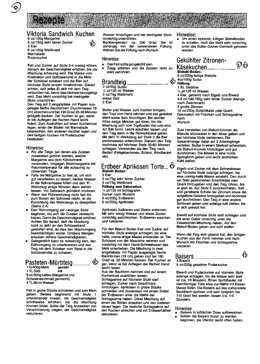 Kenwood KM200 manual Brandteig, Gekuhlter Zitronen, Kasekucheri, Pasteten-Murbteig, Baisers 