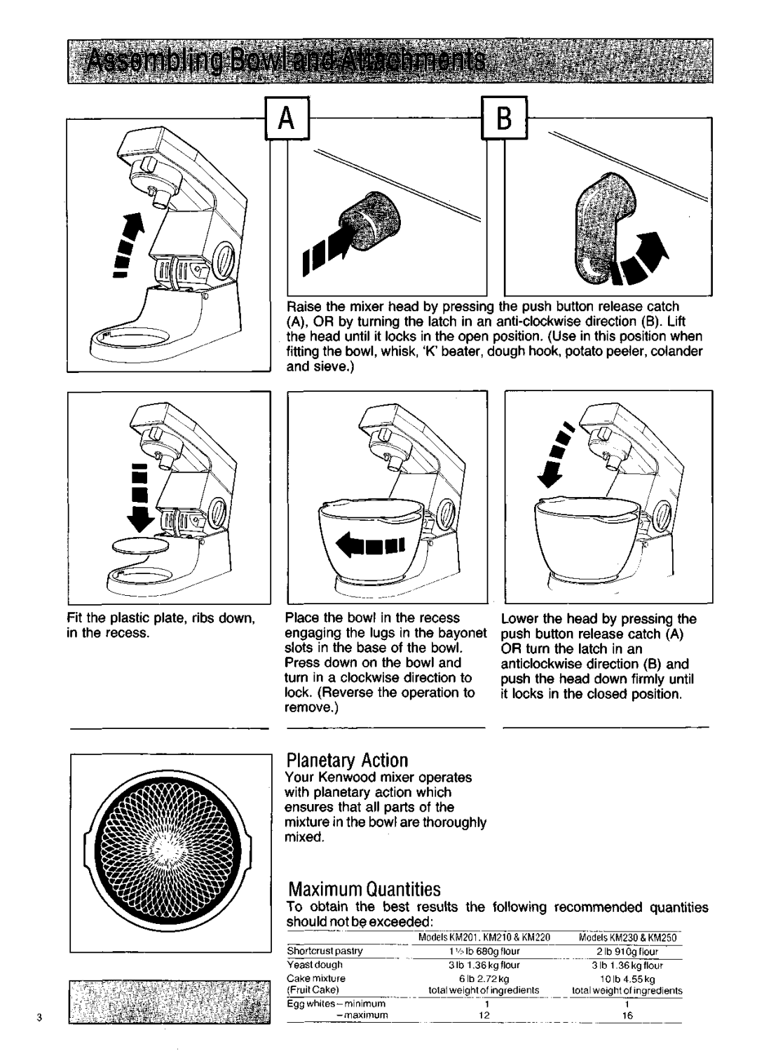 Kenwood KM200 manual Assembling Bowland Attachments, Planetary Action, Maximum Quantities 