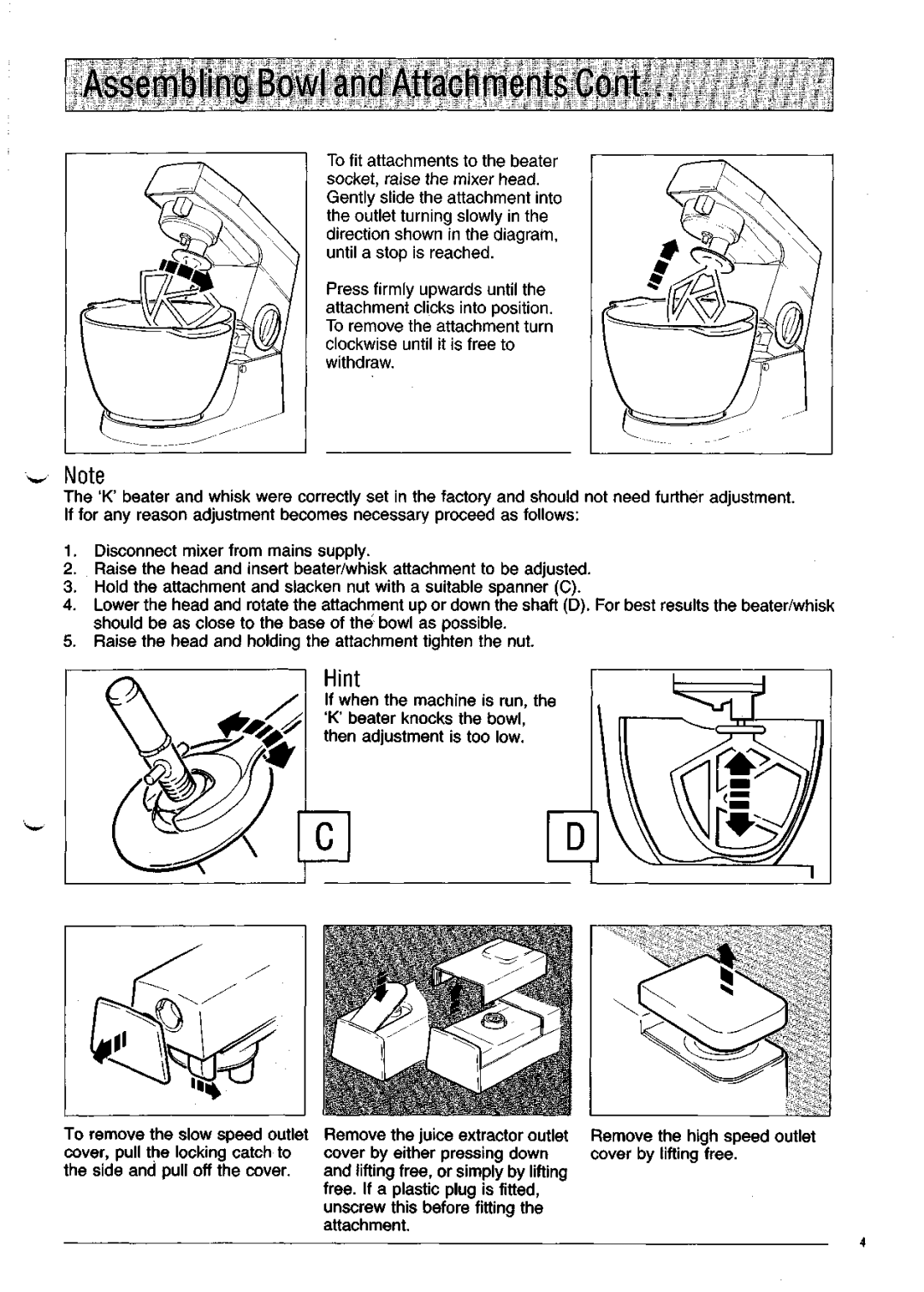 Kenwood KM200 manual Assembling Bowl and Attachments, Hint 