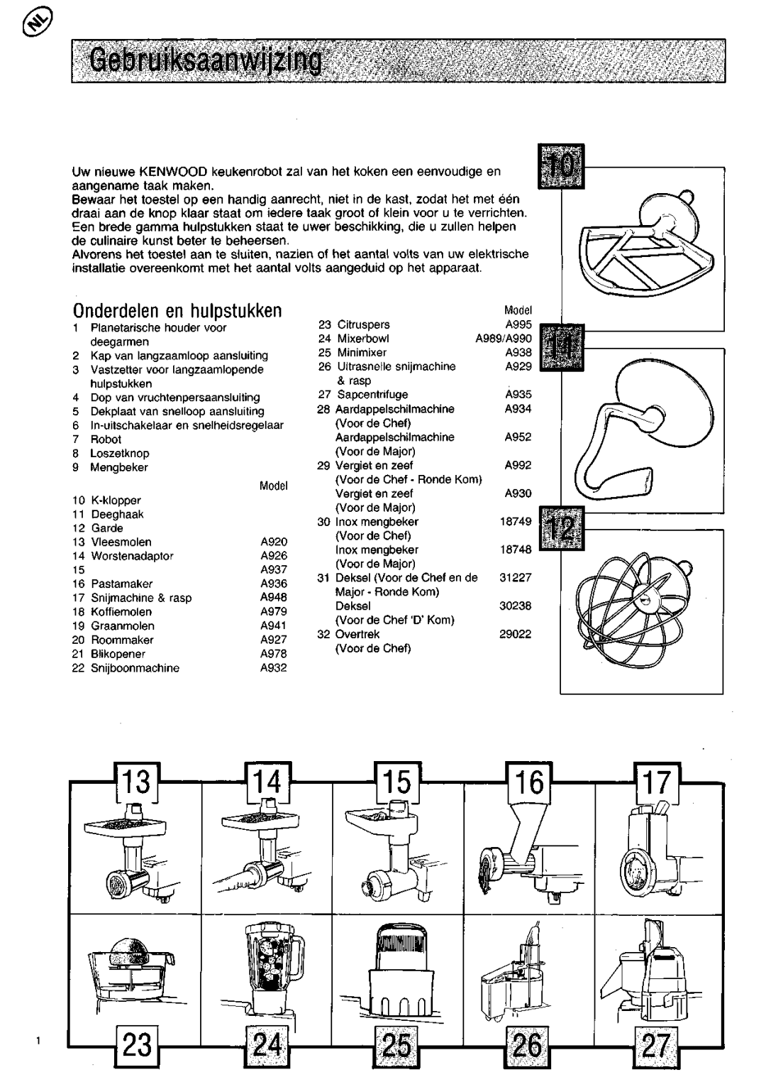 Kenwood KM200 manual Gebruiksaanwijzing, Onderdelen en hulpstukken 