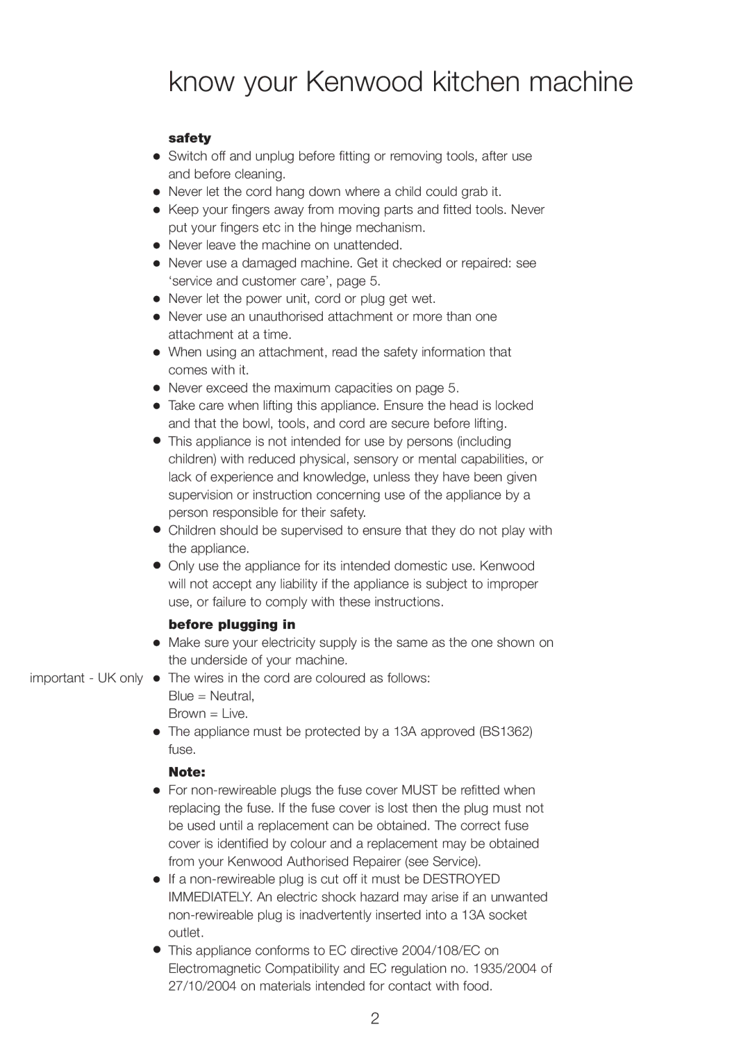 Kenwood KM260 manual Know your Kenwood kitchen machine, Safety, Before plugging 