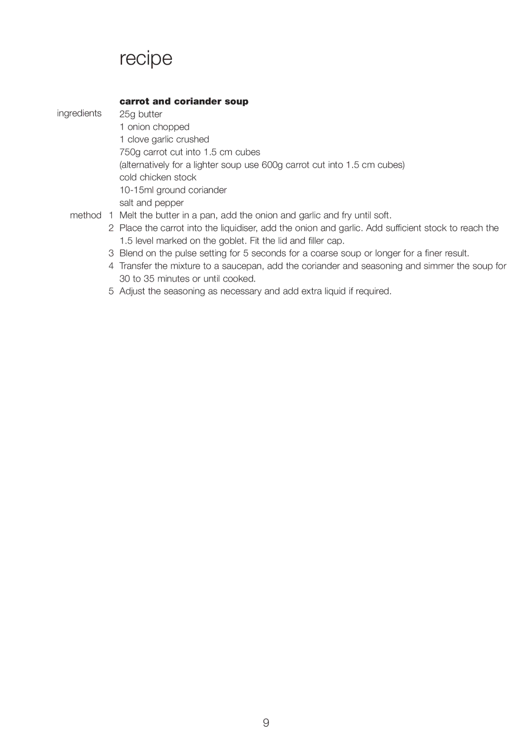 Kenwood KM260 manual Recipe, Carrot and coriander soup 