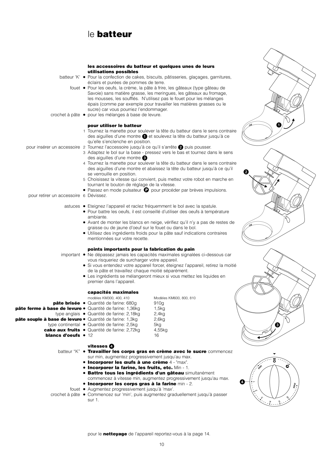 Kenwood KM800 Pour utiliser le batteur, Points importants pour la fabrication du pain, Capacités maximales, Pâte brisée 