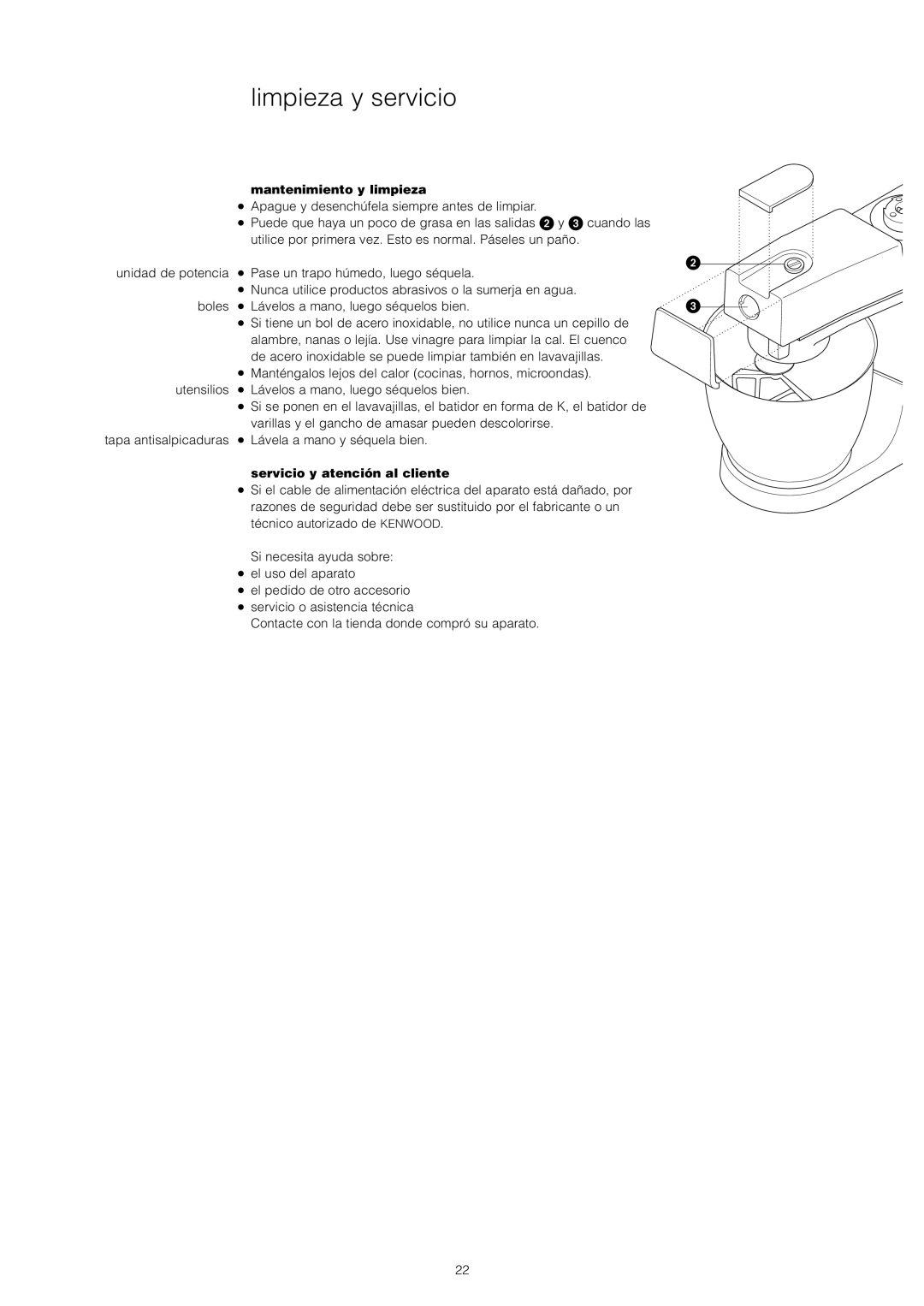 Kenwood KM800, KM300, KM400, KM600 manual Limpieza y servicio, Mantenimiento y limpieza, Servicio y atención al cliente 