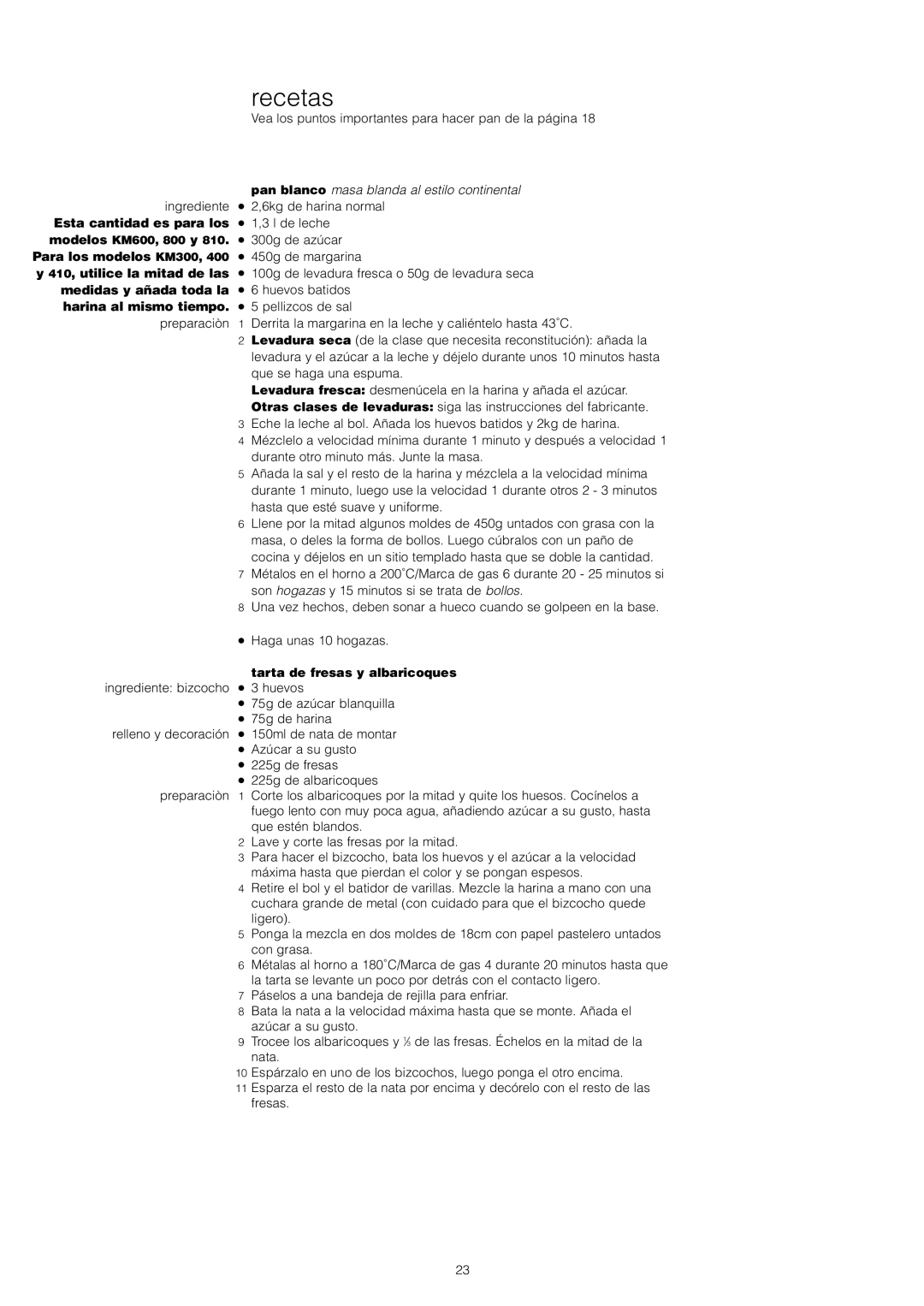 Kenwood KM300, KM800, KM400, KM600 manual Recetas, Harina al mismo tiempo 