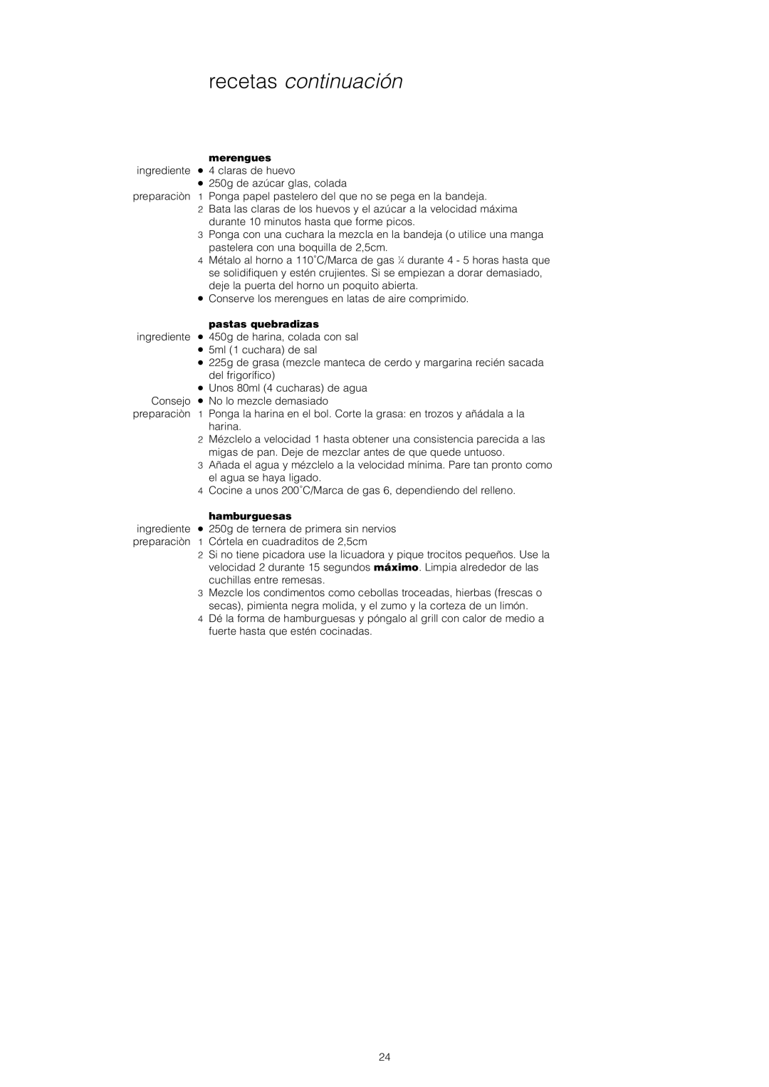 Kenwood KM400, KM800, KM300, KM600 manual Merengues, Pastas quebradizas, Hamburguesas 