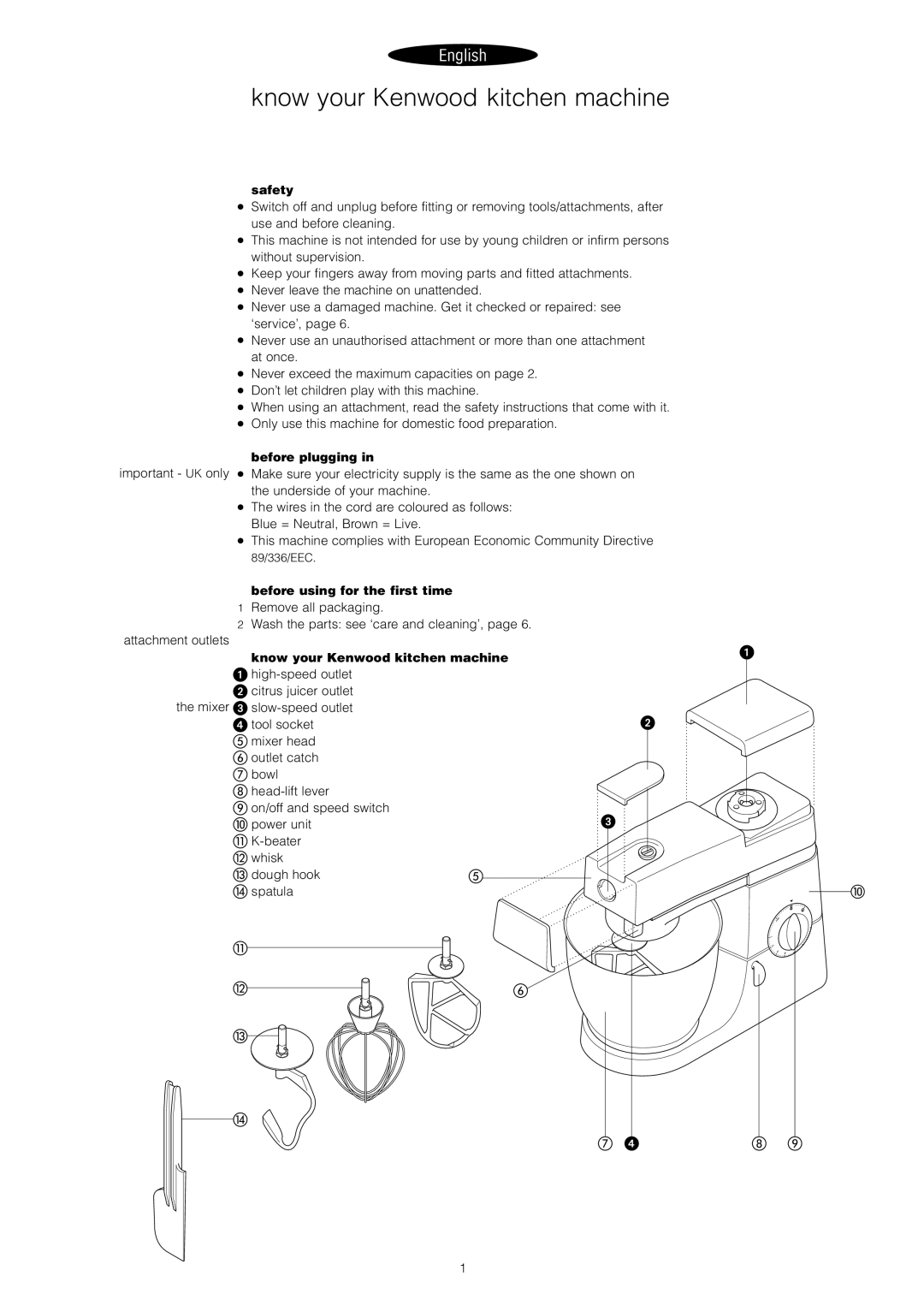 Kenwood KM600, KM800, KM300 Know your Kenwood kitchen machine, Safety, Before plugging, Before using for the first time 