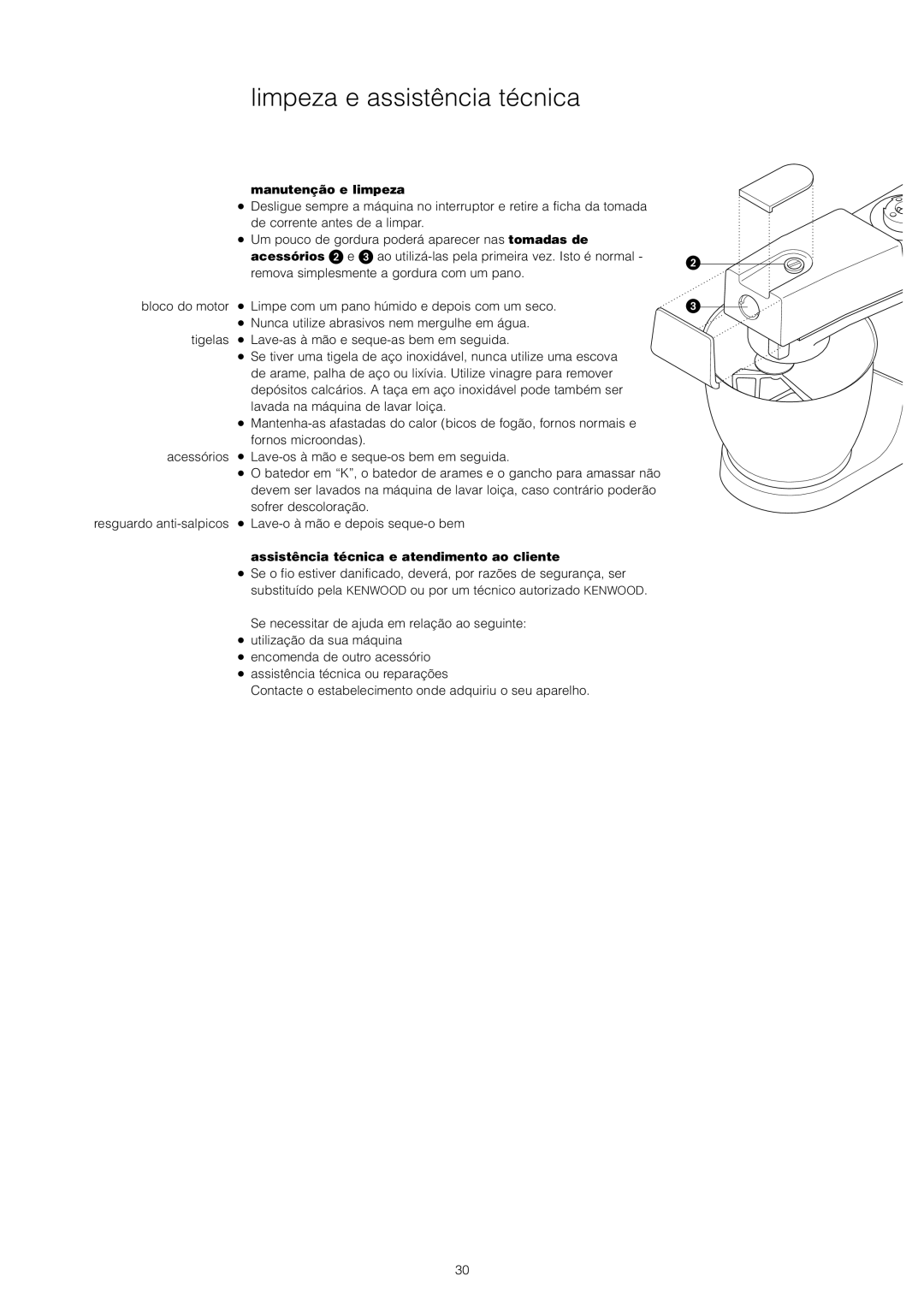 Kenwood KM800, KM300 Limpeza e assistência técnica, Manutenção e limpeza, Assistência técnica e atendimento ao cliente 