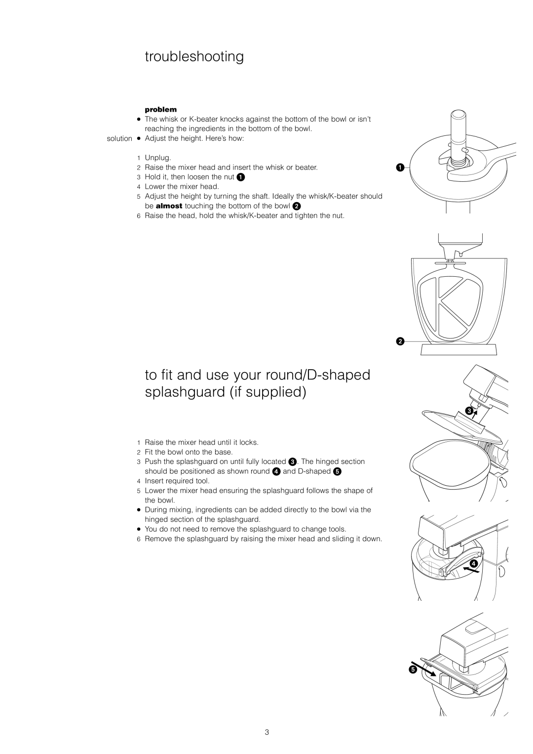 Kenwood KM300, KM800, KM400, KM600 manual Troubleshooting, To fit and use your round/D-shaped splashguard if supplied, Problem 