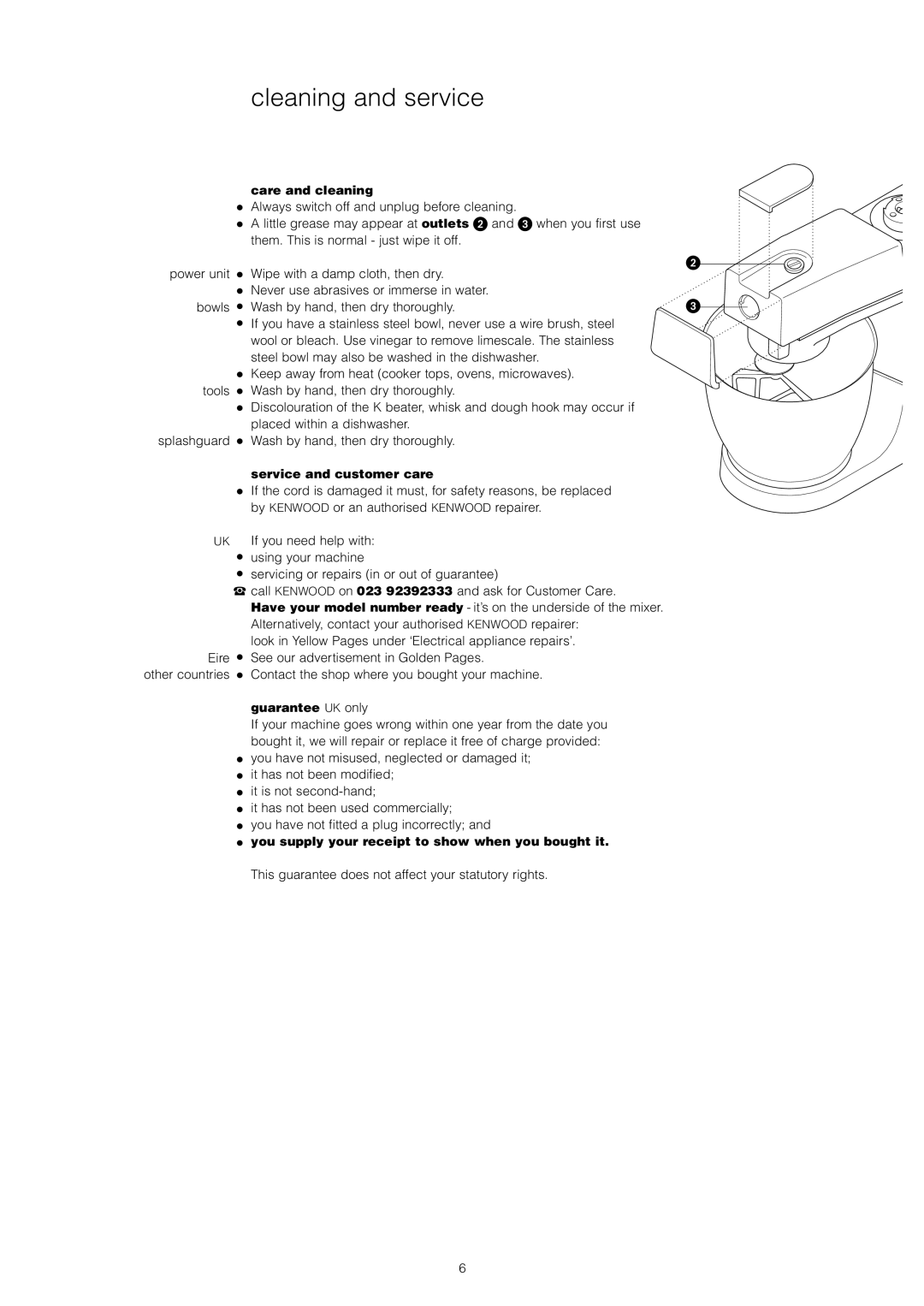 Kenwood KM800, KM300, KM400, KM600 Cleaning and service, Care and cleaning, Service and customer care, Guarantee UK only 