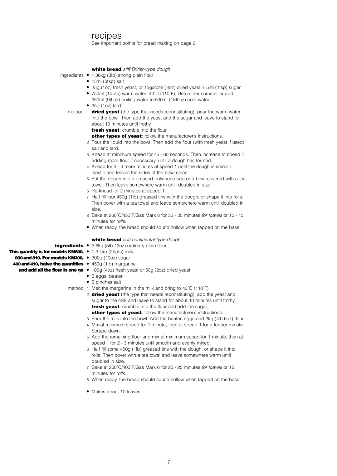 Kenwood KM300, KM800, KM400, KM600 manual Recipes, See important points for bread making on Ingredients Method 