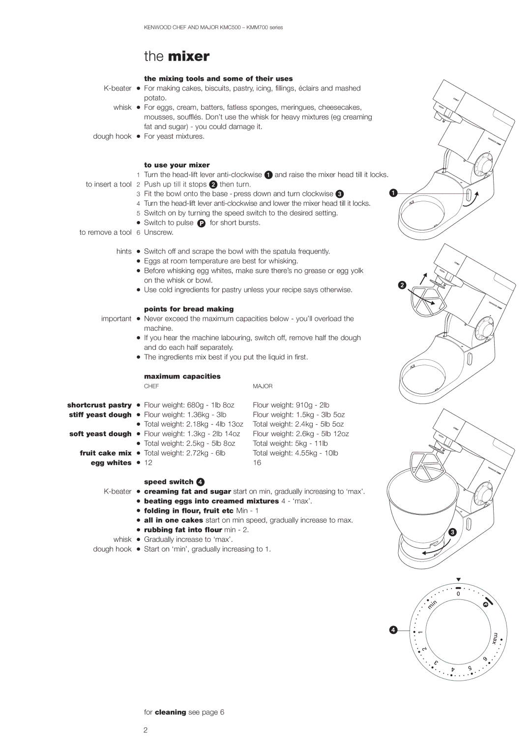 Kenwood KMM700 Series Mixing tools and some of their uses, To use your mixer, Points for bread making, Maximum capacities 