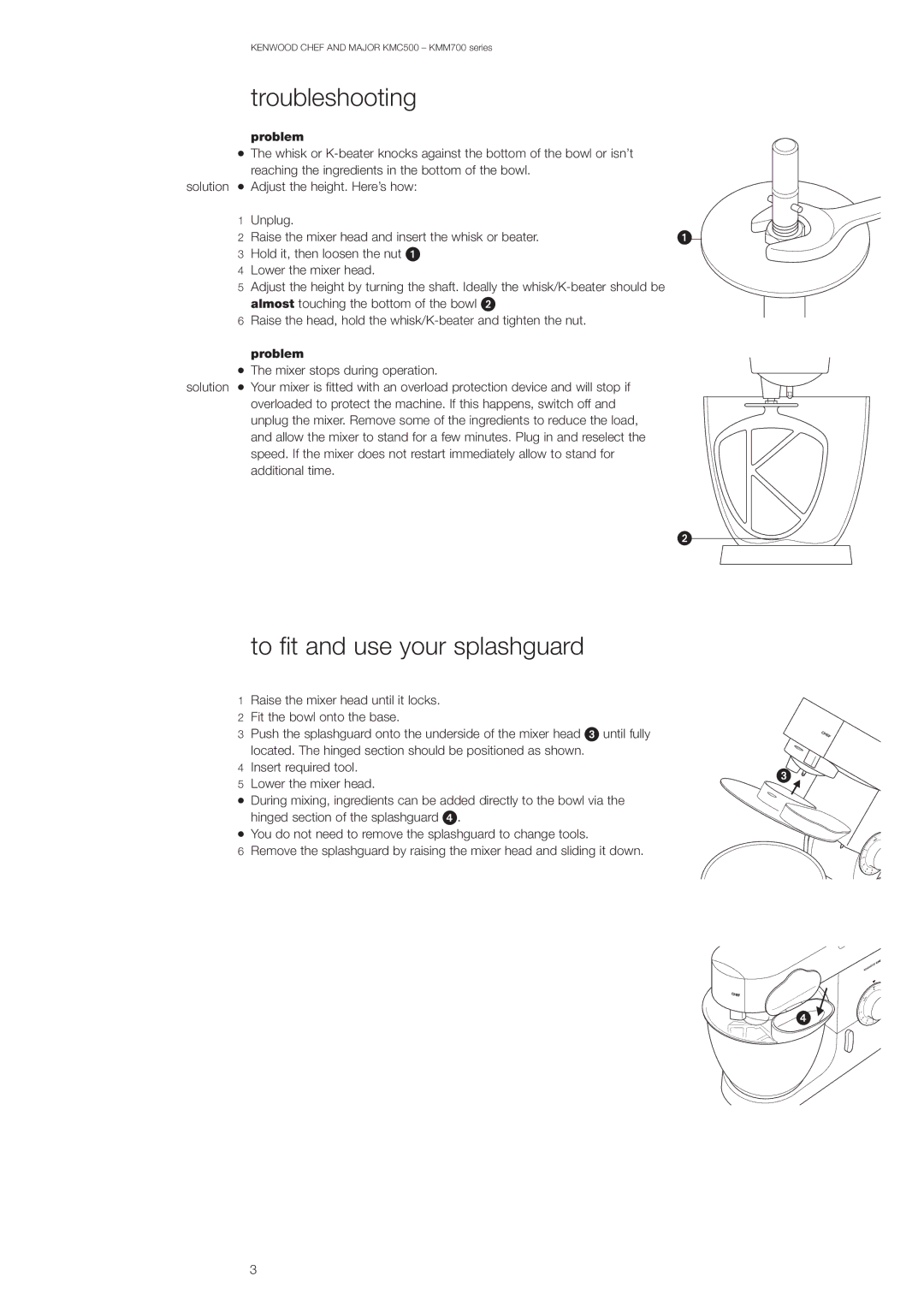 Kenwood KMC500 Series, KMM700 Series manual Troubleshooting, To fit and use your splashguard, Problem 