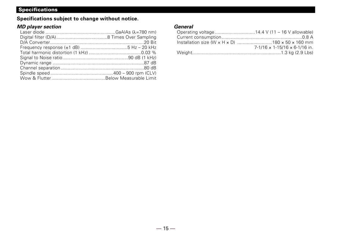 Kenwood KMD-D401 instruction manual Specifications, MD player section General 