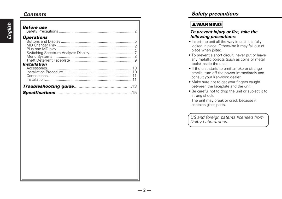 Kenwood KMD-D401 instruction manual Contents 