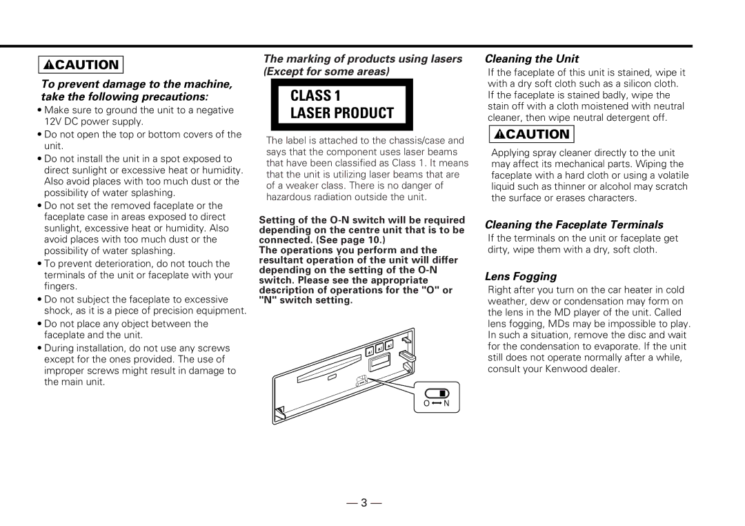 Kenwood KMD-D401 instruction manual Marking of products using lasers Except for some areas, Cleaning the Unit, Lens Fogging 